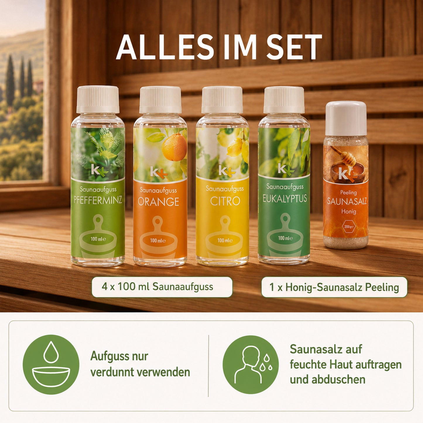 KK Saunaaufguss Set Toskana | Saunakonzentrat | 4 x 100 ml/Flasche + 200g Sauna Salz