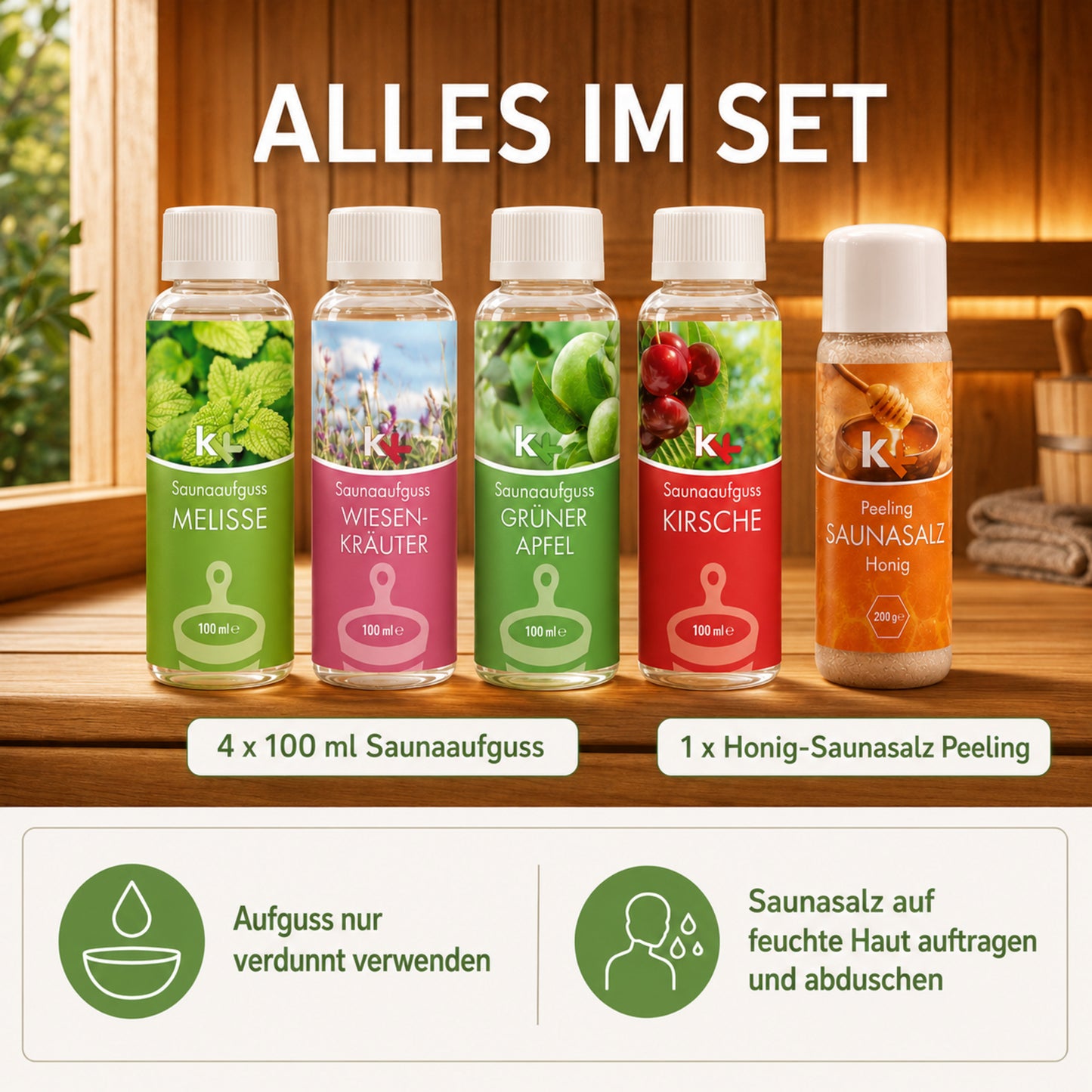 KK Saunaaufguss Set Altes Land | Saunakonzentrat | 4 x 100 ml/Flasche + 200g Sauna Salz |
