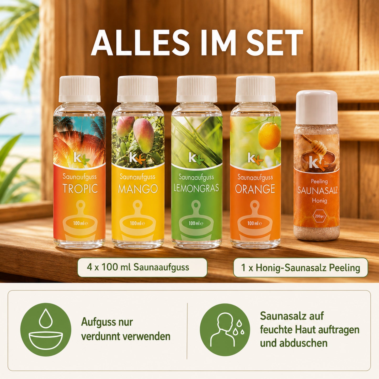 KK Saunaaufguss Set Karibik | Saunakonzentrat | 4 x 100 ml/Flasche + 200g Sauna Salz |