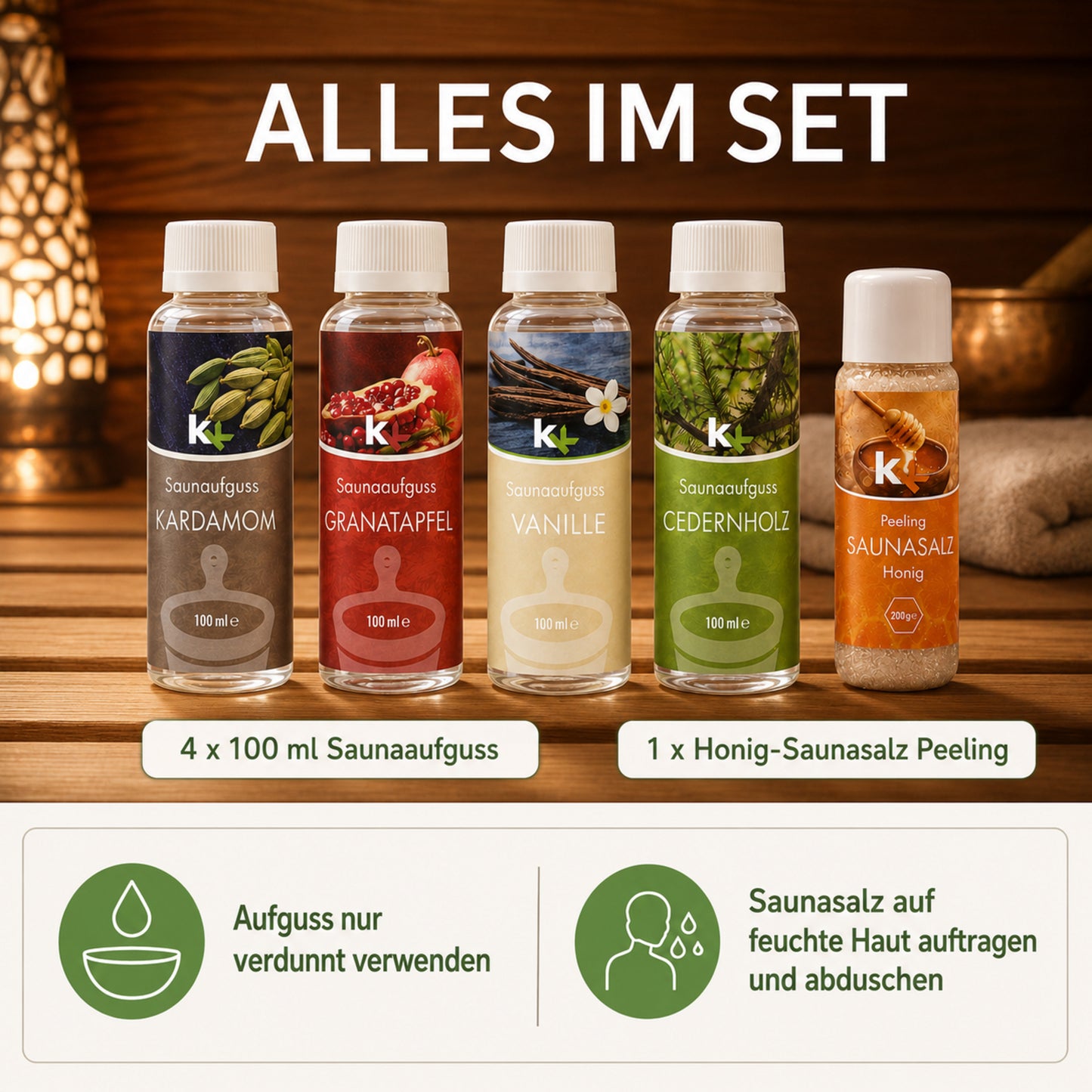 KK Saunaaufguss Set Orient | Saunakonzentrat | 4 x 100 ml/Flasche + 200g Sauna Salz |