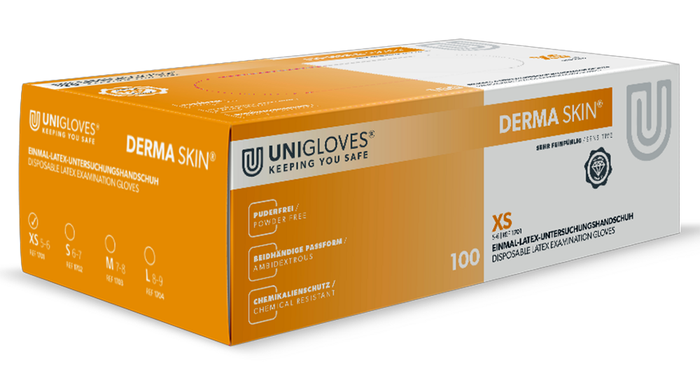 Unigloves Latexhandschuhe DERMA SKIN vers. Größen XS-L 100 Stück/Box