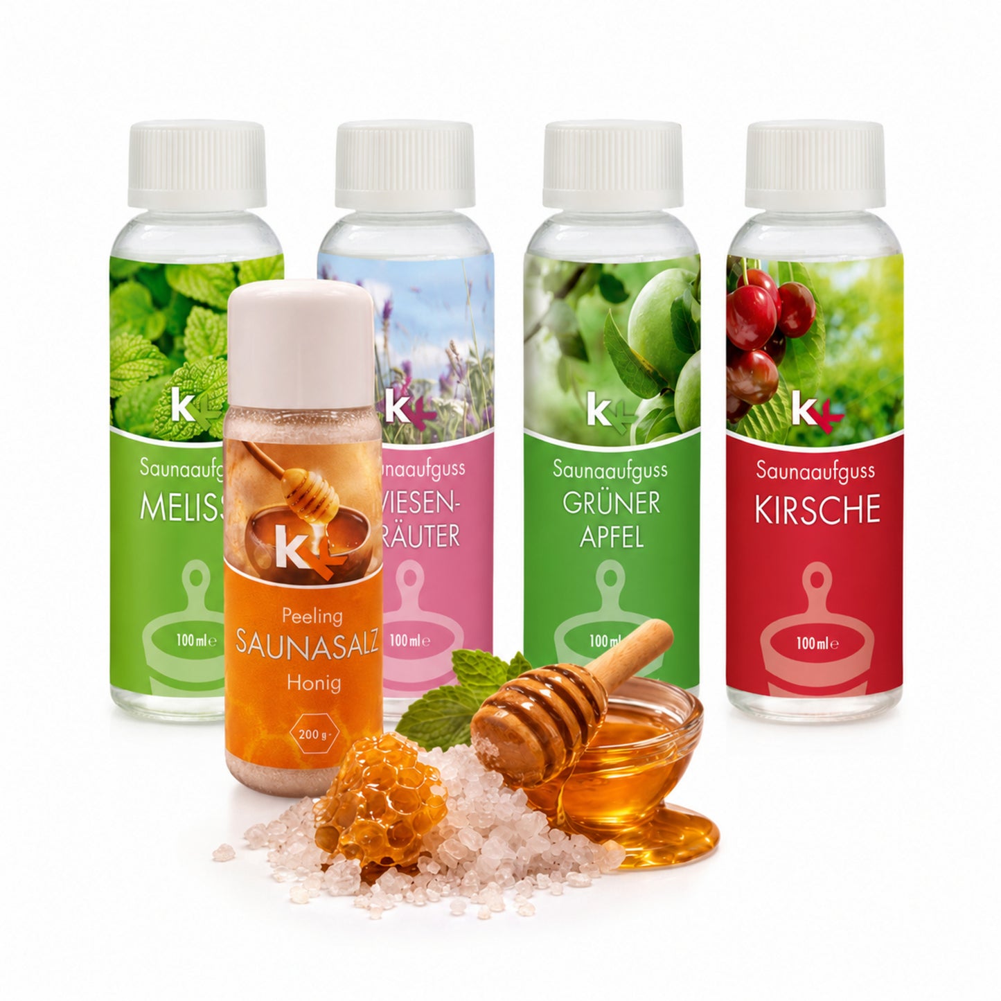 KK Saunaaufguss Set Altes Land | Saunakonzentrat | 4 x 100 ml/Flasche + 200g Sauna Salz |