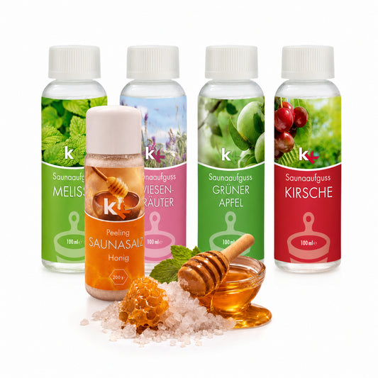 KK Saunaaufguss Set Altes Land | Saunakonzentrat | 4 x 100 ml/Flasche + 200g Sauna Salz |