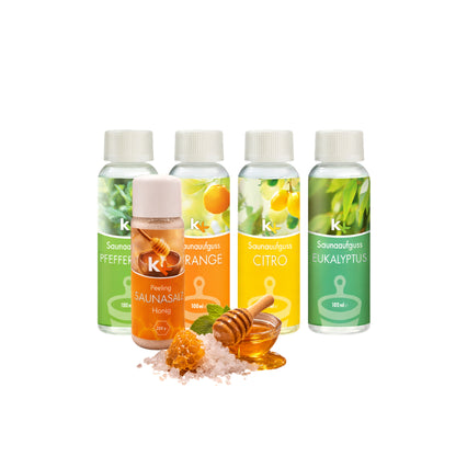 KK Saunaaufguss Set Toskana | Saunakonzentrat | 4 x 100 ml/Flasche + 200g Sauna Salz