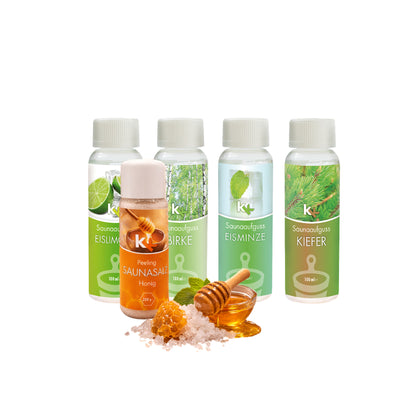 KK Saunaaufguss Set Skandinavien | Saunakonzentrat | 4 x 100 ml/Flasche + 200g Sauna Salz |