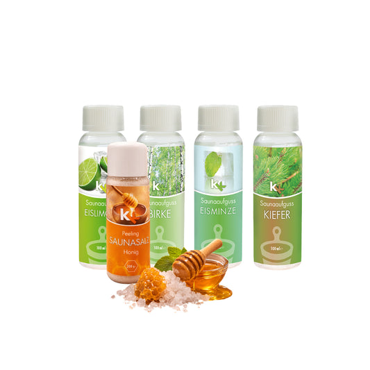 KK Saunaaufguss Set Skandinavien | Saunakonzentrat | 4 x 100 ml/Flasche + 200g Sauna Salz |