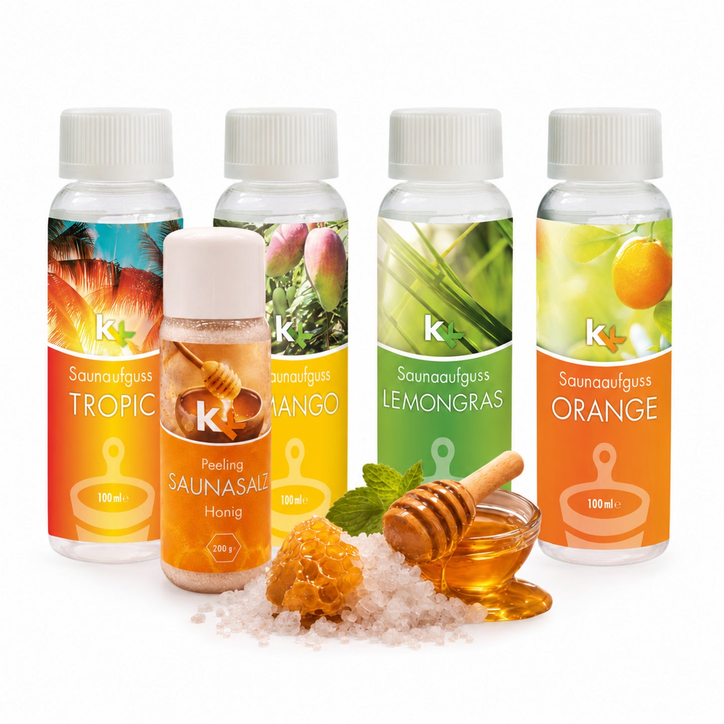 KK Saunaaufguss Set Karibik | Saunakonzentrat | 4 x 100 ml/Flasche + 200g Sauna Salz |