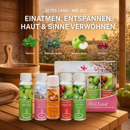 KK Saunaaufguss Set Altes Land | Saunakonzentrat | 4 x 100 ml/Flasche + 200g Sauna Salz |