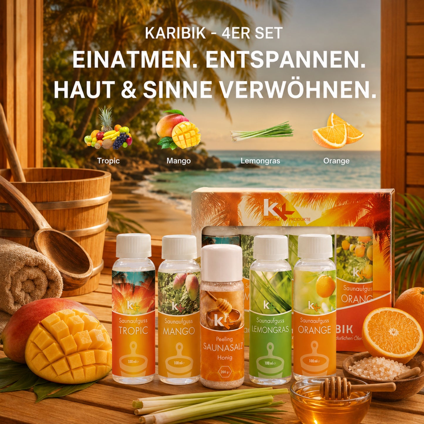 KK Saunaaufguss Set Karibik | Saunakonzentrat | 4 x 100 ml/Flasche + 200g Sauna Salz |