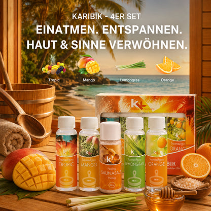KK Saunaaufguss Set Karibik | Saunakonzentrat | 4 x 100 ml/Flasche + 200g Sauna Salz |