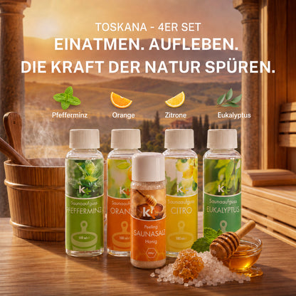 KK Saunaaufguss Set Toskana | Saunakonzentrat | 4 x 100 ml/Flasche + 200g Sauna Salz