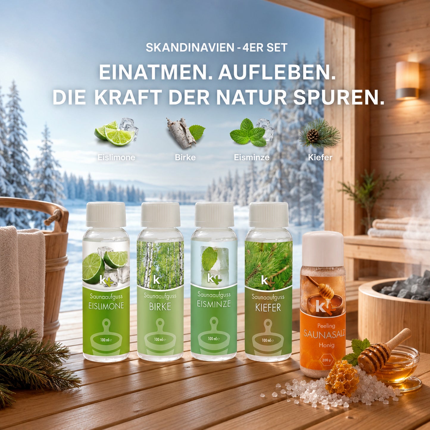 KK Saunaaufguss Set Skandinavien | Saunakonzentrat | 4 x 100 ml/Flasche + 200g Sauna Salz |