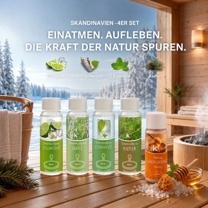 KK Saunaaufguss Set Skandinavien | Saunakonzentrat | 4 x 100 ml/Flasche + 200g Sauna Salz |