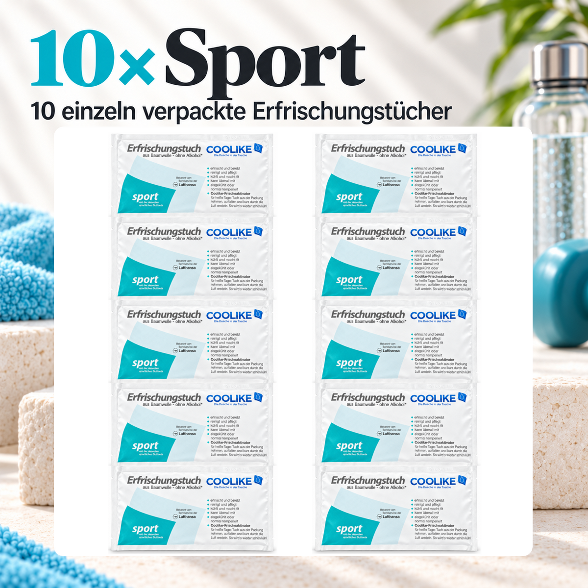 Erfrischungstücher aus weicher Baumwolle | 10 Stück | Die Dusche in der Tasche (Sport)