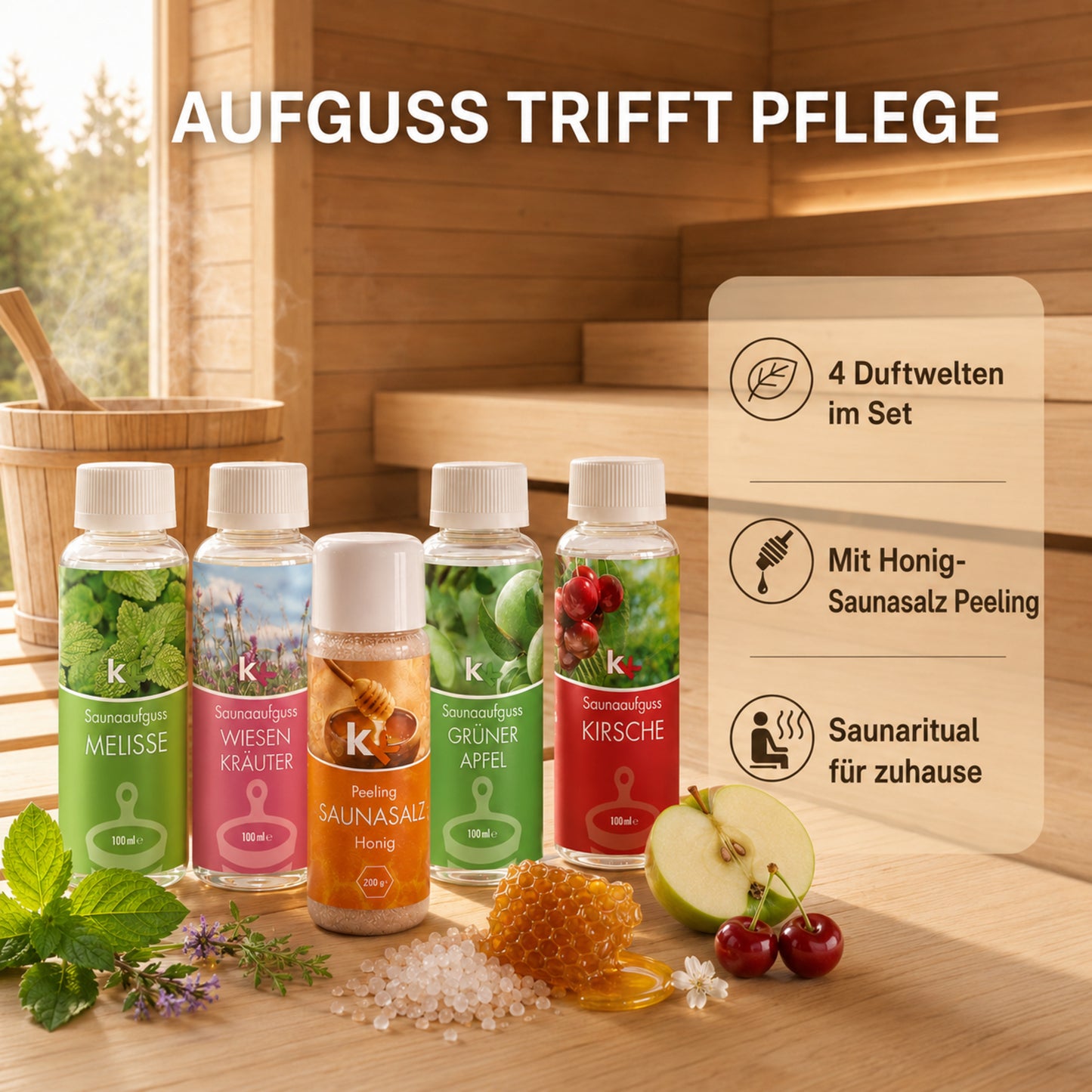 KK Saunaaufguss Set Altes Land | Saunakonzentrat | 4 x 100 ml/Flasche + 200g Sauna Salz |