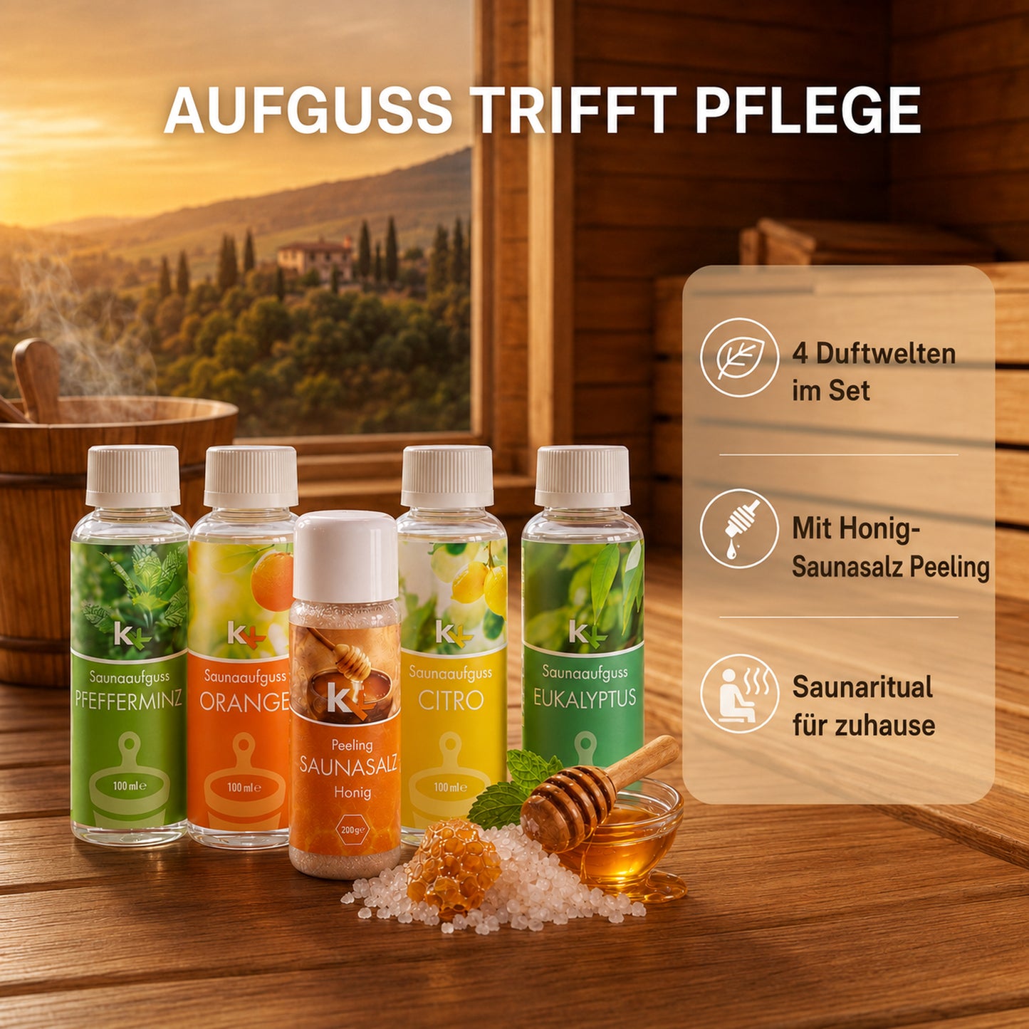 KK Saunaaufguss Set Toskana | Saunakonzentrat | 4 x 100 ml/Flasche + 200g Sauna Salz