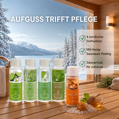 KK Saunaaufguss Set Skandinavien | Saunakonzentrat | 4 x 100 ml/Flasche + 200g Sauna Salz |
