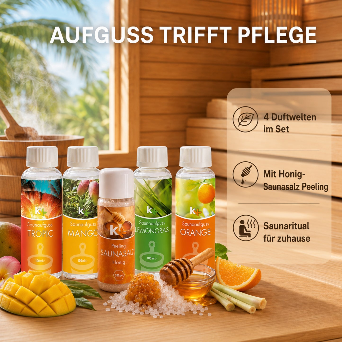 KK Saunaaufguss Set Karibik | Saunakonzentrat | 4 x 100 ml/Flasche + 200g Sauna Salz |
