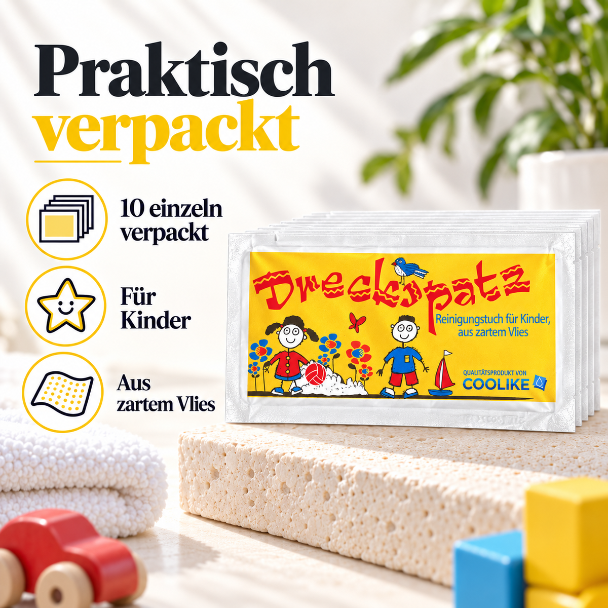 Erfrischungstuch "Dreckspatz" aus Vlies | 10 Stück | Für Kinder | Mit Kirschduft