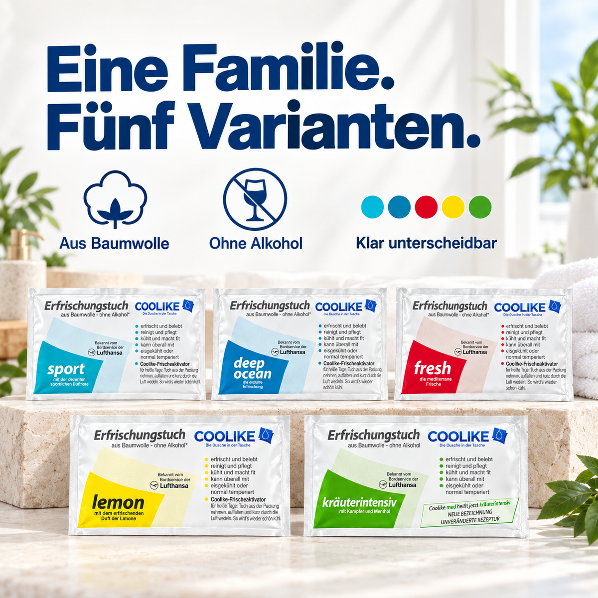 Erfrischungstuch aus Baumwolle ohne Alkohol vers. Varianten