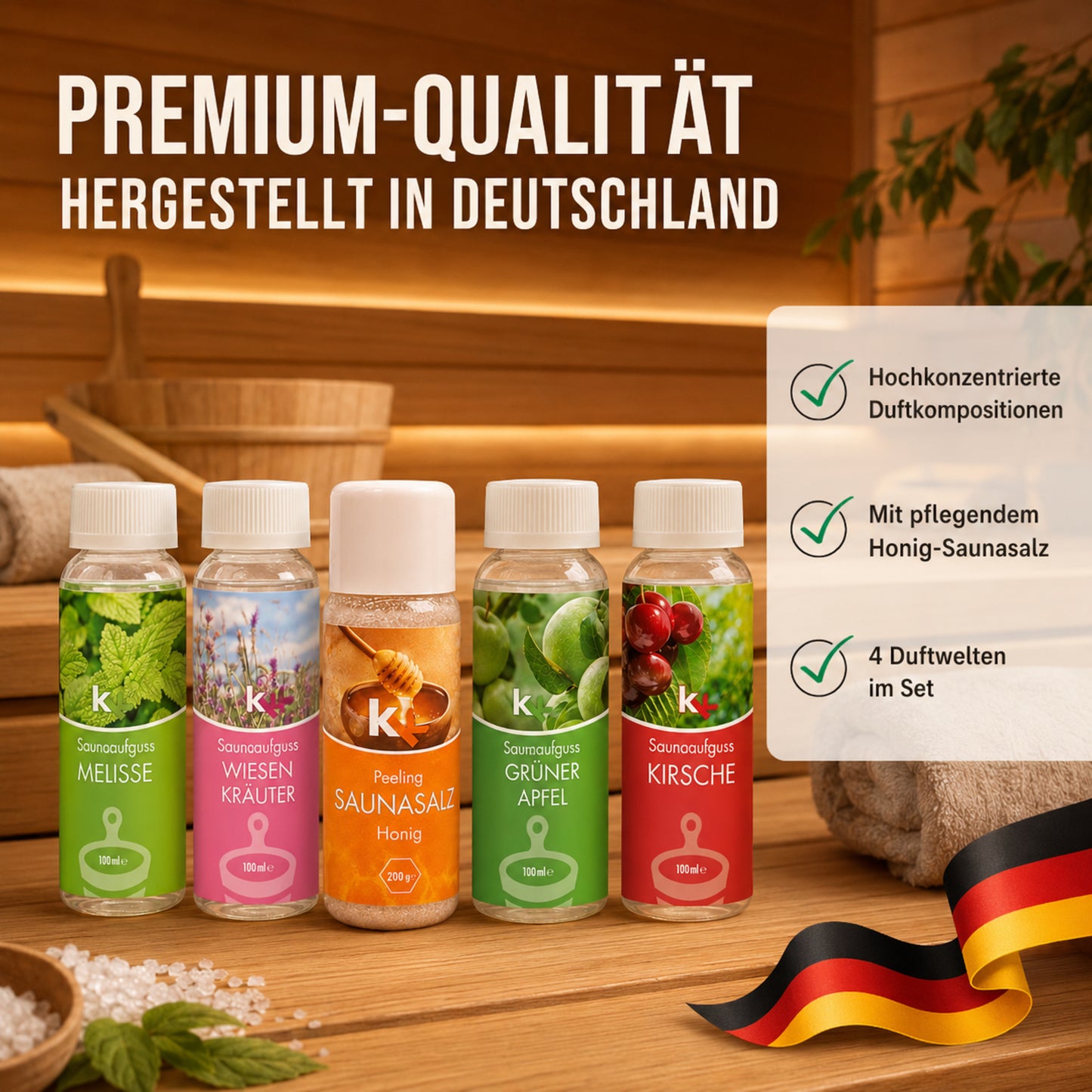 KK Saunaaufguss Set Altes Land | Saunakonzentrat | 4 x 100 ml/Flasche + 200g Sauna Salz |