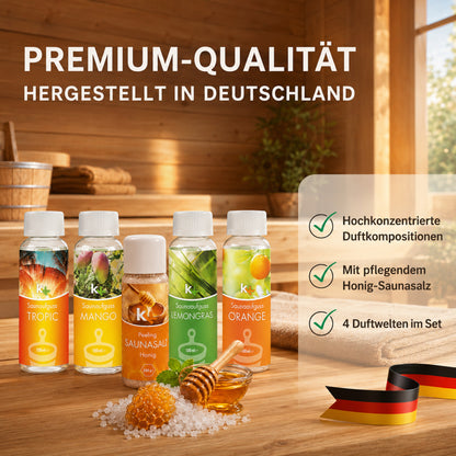 KK Saunaaufguss Set Karibik | Saunakonzentrat | 4 x 100 ml/Flasche + 200g Sauna Salz |