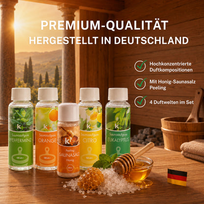 KK Saunaaufguss Set Toskana | Saunakonzentrat | 4 x 100 ml/Flasche + 200g Sauna Salz