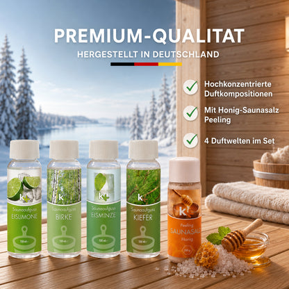 KK Saunaaufguss Set Skandinavien | Saunakonzentrat | 4 x 100 ml/Flasche + 200g Sauna Salz |