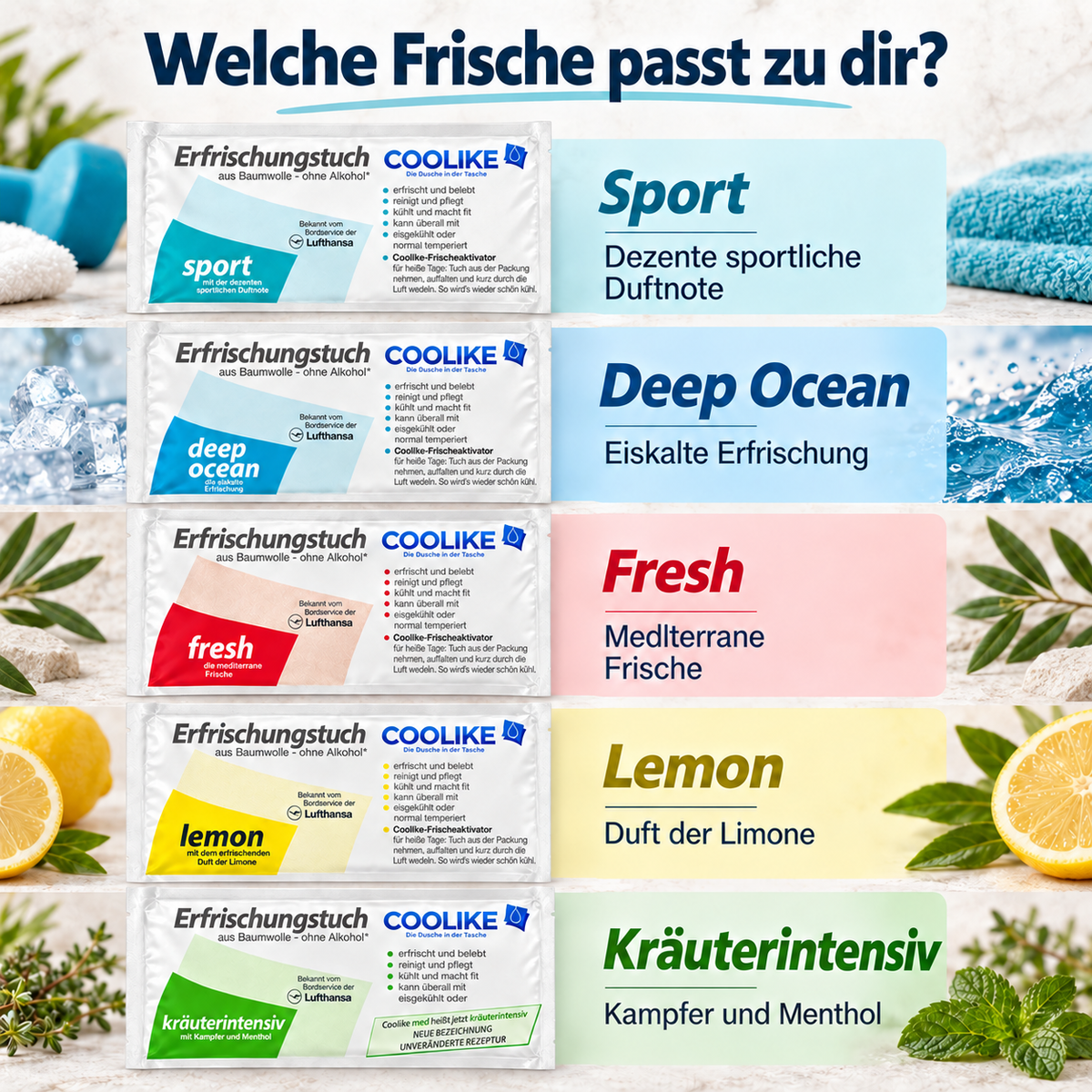 Erfrischungstuch aus Baumwolle ohne Alkohol vers. Varianten