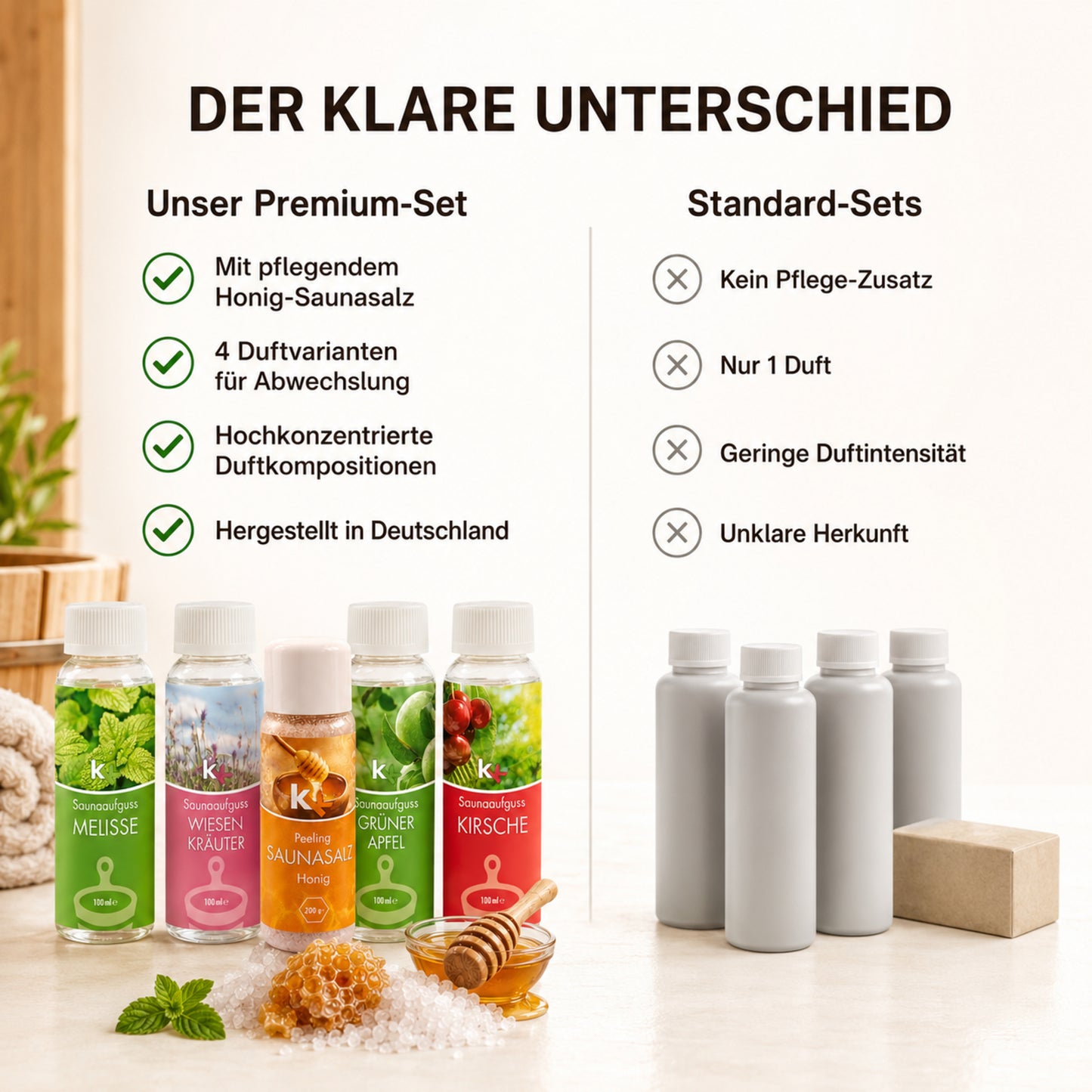 KK Saunaaufguss Set Altes Land | Saunakonzentrat | 4 x 100 ml/Flasche + 200g Sauna Salz |