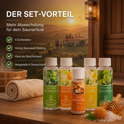 KK Saunaaufguss Set Toskana | Saunakonzentrat | 4 x 100 ml/Flasche + 200g Sauna Salz