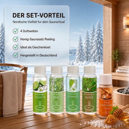 KK Saunaaufguss Set Skandinavien | Saunakonzentrat | 4 x 100 ml/Flasche + 200g Sauna Salz |