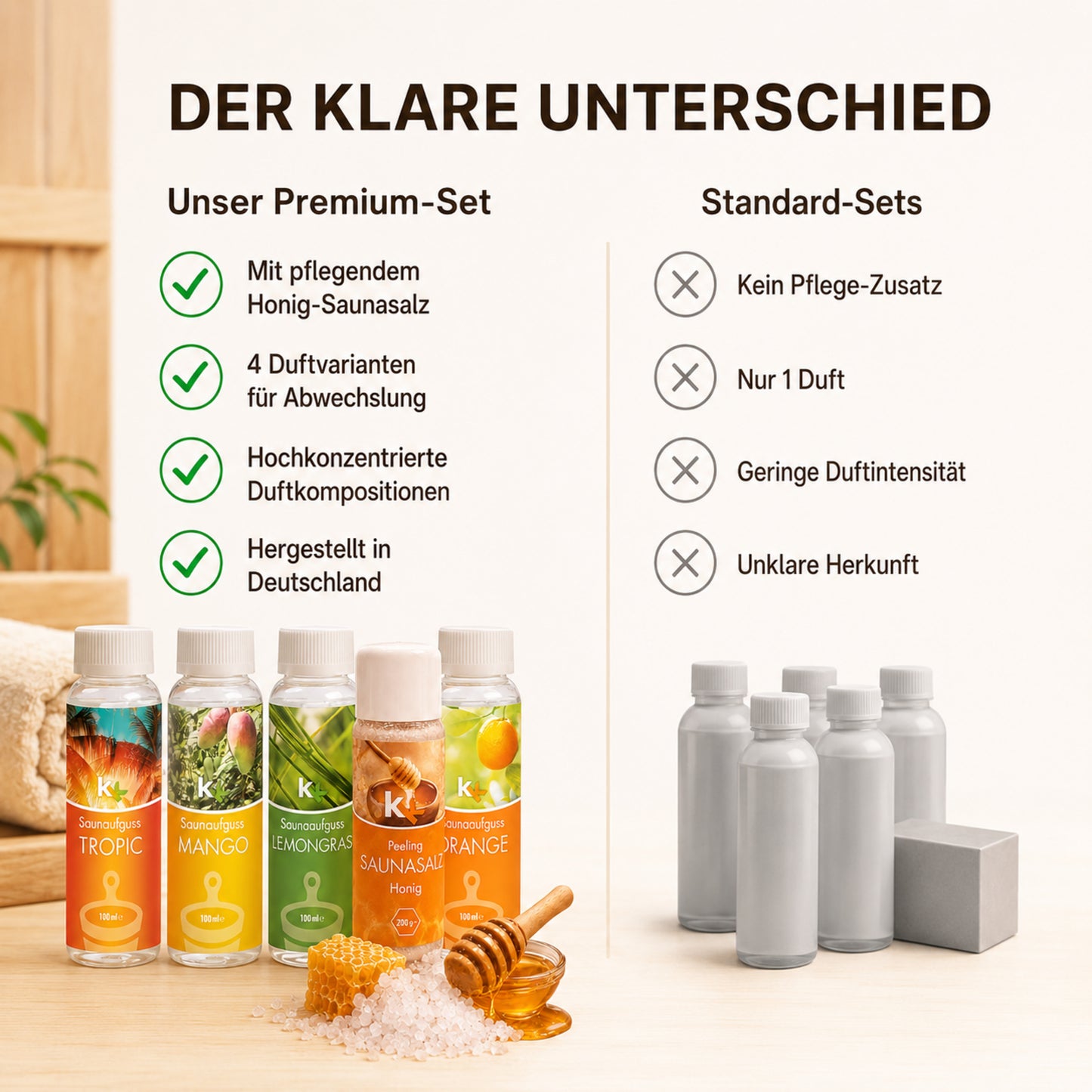KK Saunaaufguss Set Karibik | Saunakonzentrat | 4 x 100 ml/Flasche + 200g Sauna Salz |