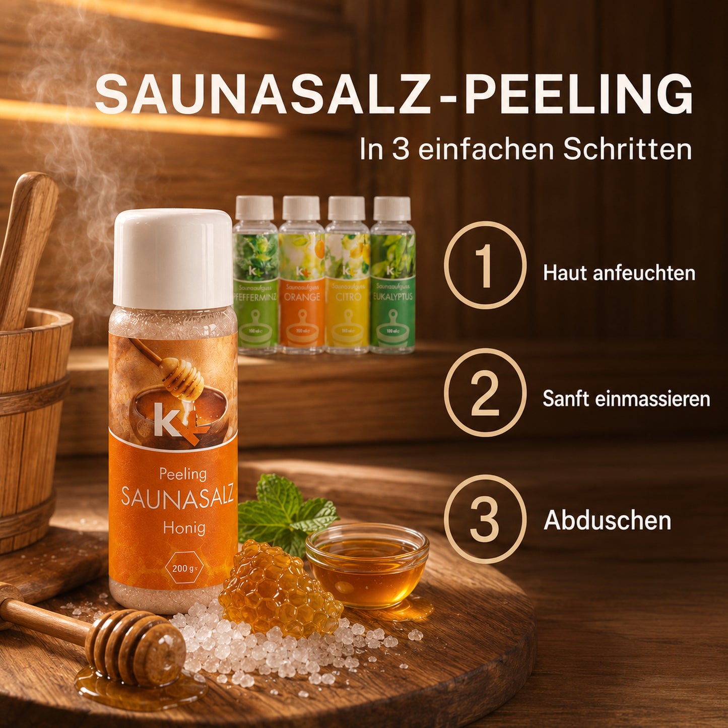 KK Saunaaufguss Set Toskana | Saunakonzentrat | 4 x 100 ml/Flasche + 200g Sauna Salz