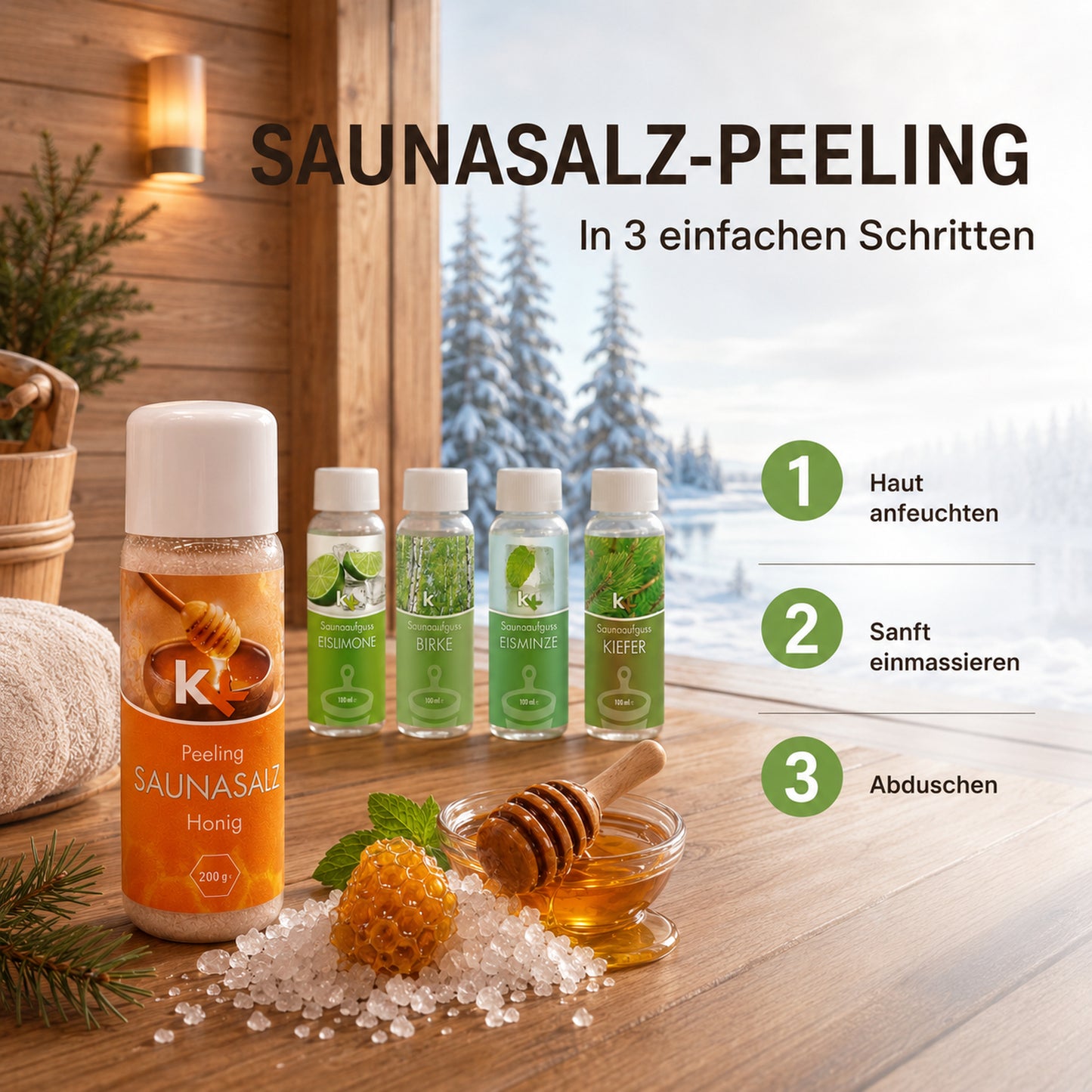 KK Saunaaufguss Set Skandinavien | Saunakonzentrat | 4 x 100 ml/Flasche + 200g Sauna Salz |