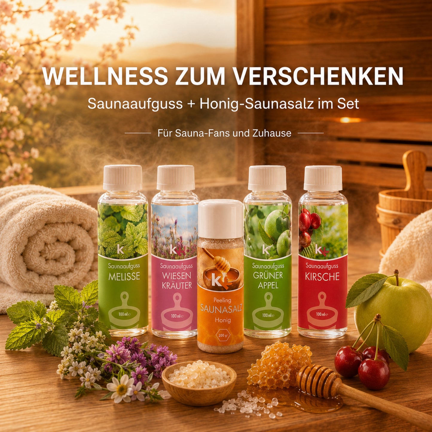 KK Saunaaufguss Set Altes Land | Saunakonzentrat | 4 x 100 ml/Flasche + 200g Sauna Salz |