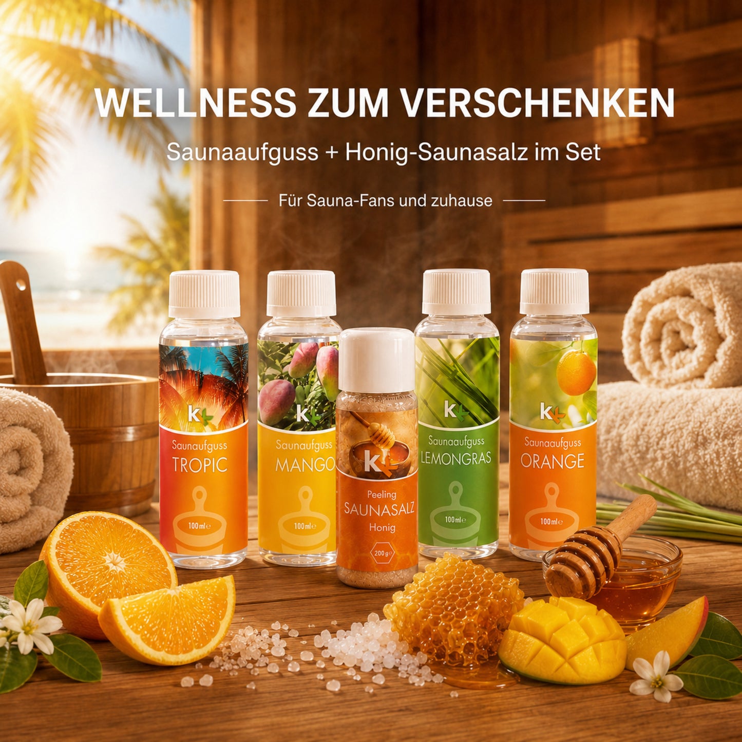 KK Saunaaufguss Set Karibik | Saunakonzentrat | 4 x 100 ml/Flasche + 200g Sauna Salz |