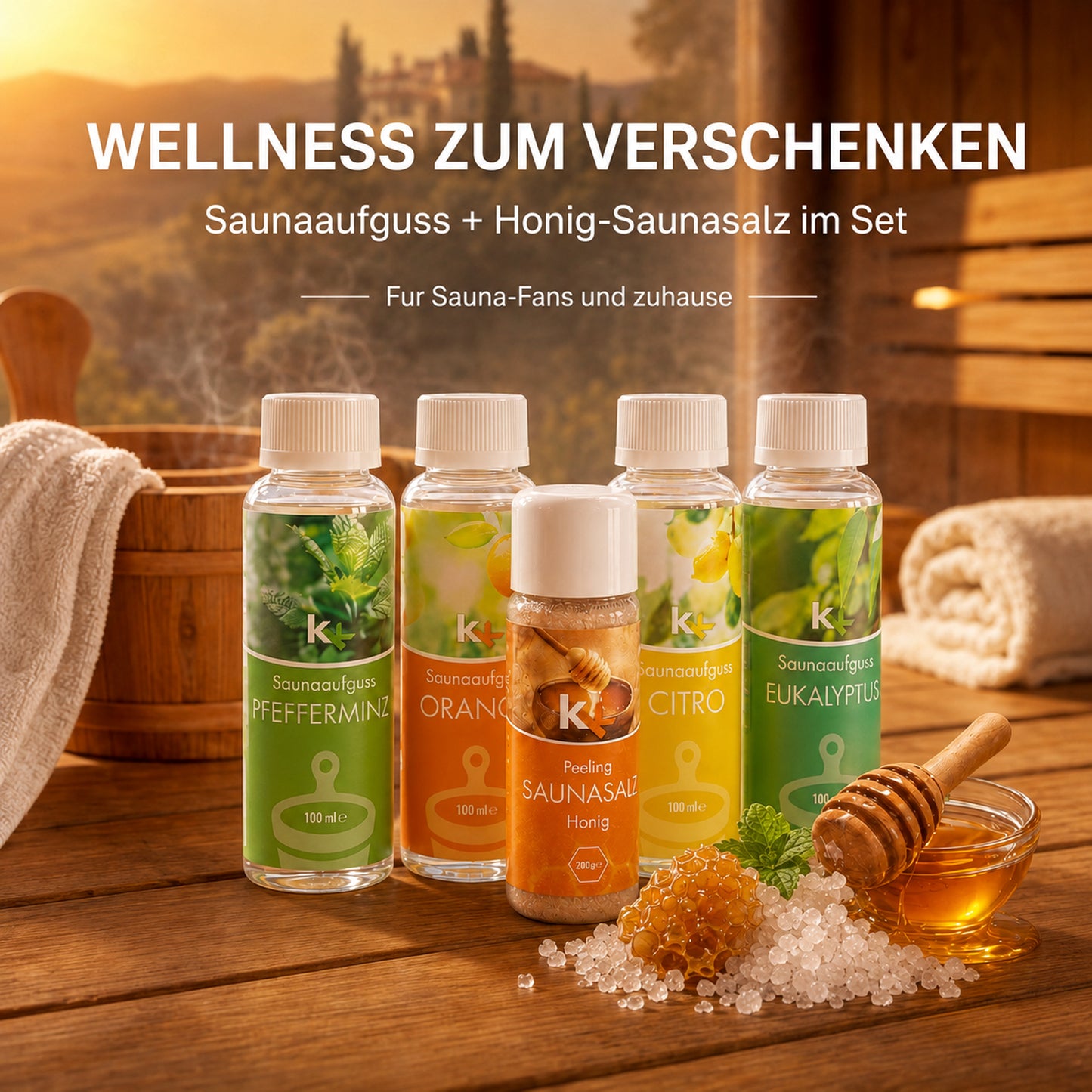 KK Saunaaufguss Set Toskana | Saunakonzentrat | 4 x 100 ml/Flasche + 200g Sauna Salz