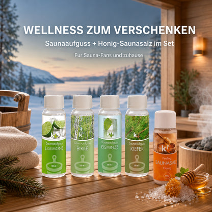 KK Saunaaufguss Set Skandinavien | Saunakonzentrat | 4 x 100 ml/Flasche + 200g Sauna Salz |