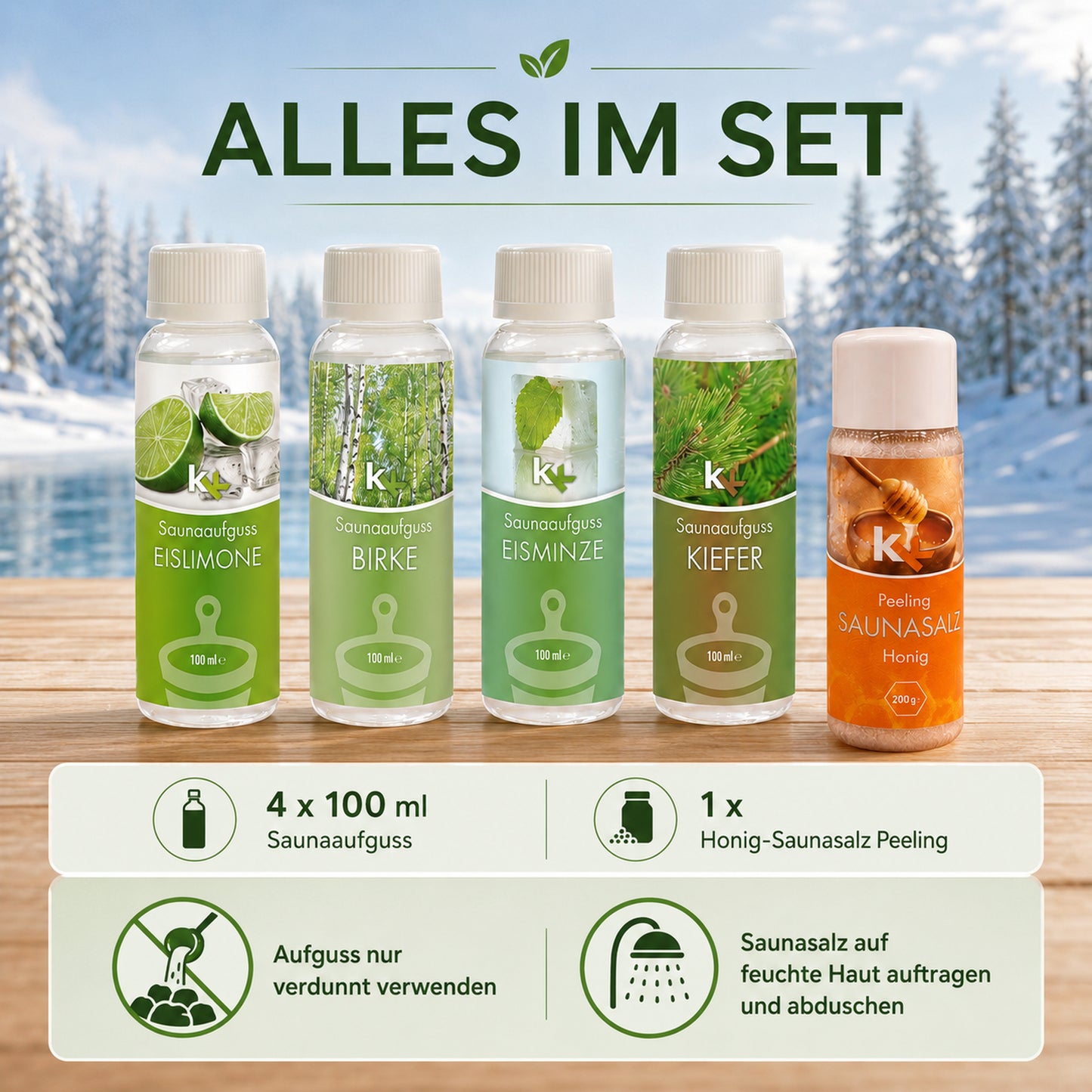 KK Saunaaufguss Set Skandinavien | Saunakonzentrat | 4 x 100 ml/Flasche + 200g Sauna Salz |