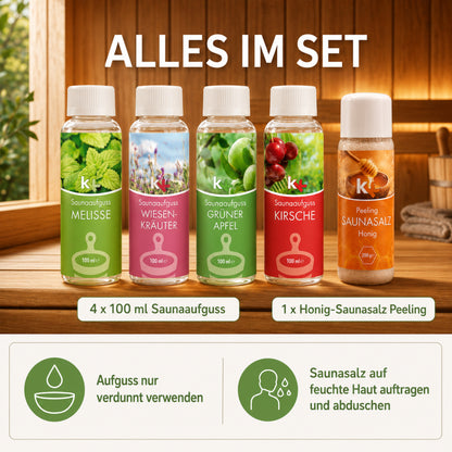 KK Saunaaufguss Set Altes Land | Saunakonzentrat | 4 x 100 ml/Flasche + 200g Sauna Salz |