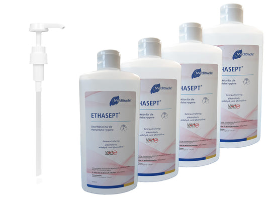 Händedesinfektion 4 x 500 ml Flasche + 1 x Dosierpumpe | Meditrade Ethasept | Hand Desinfektion |