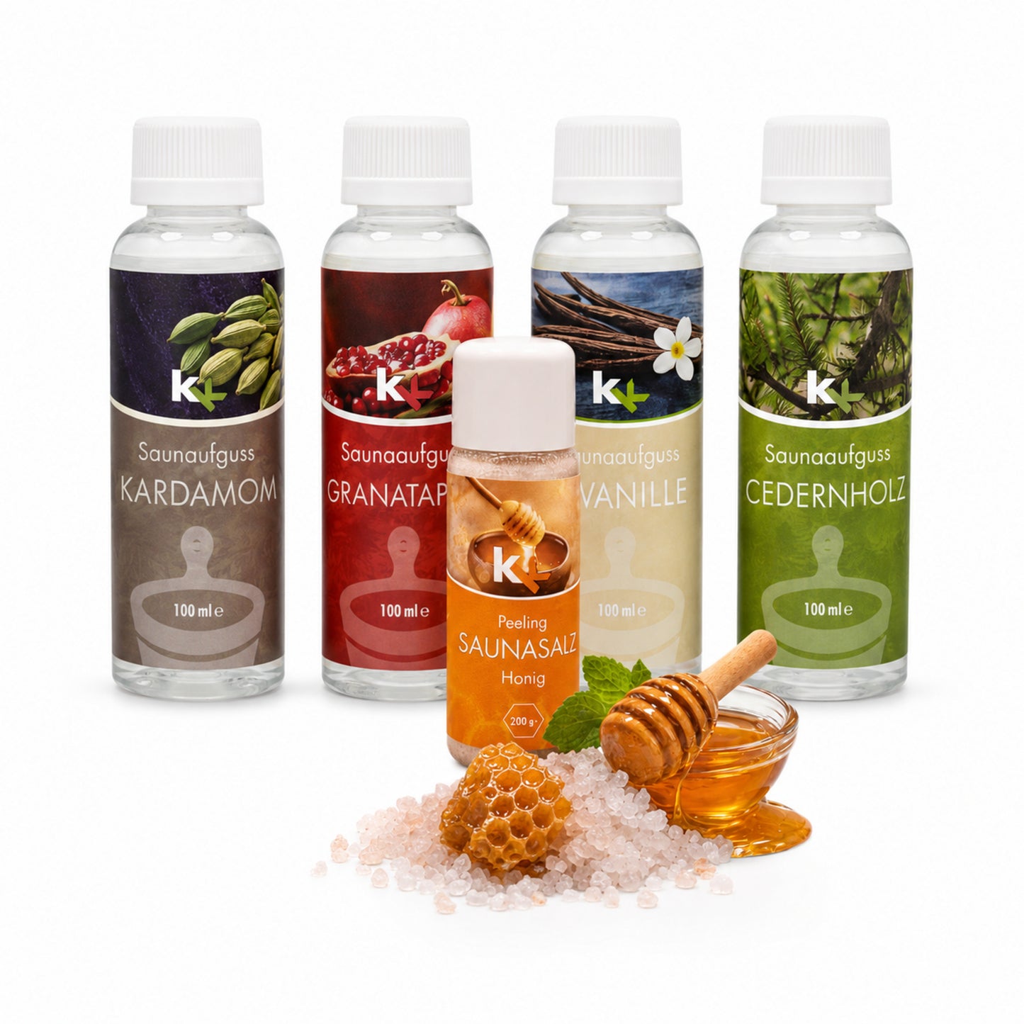 KK Saunaaufguss Set Orient | Saunakonzentrat | 4 x 100 ml/Flasche + 200g Sauna Salz |