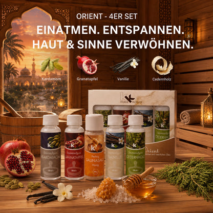 KK Saunaaufguss Set Orient | Saunakonzentrat | 4 x 100 ml/Flasche + 200g Sauna Salz |