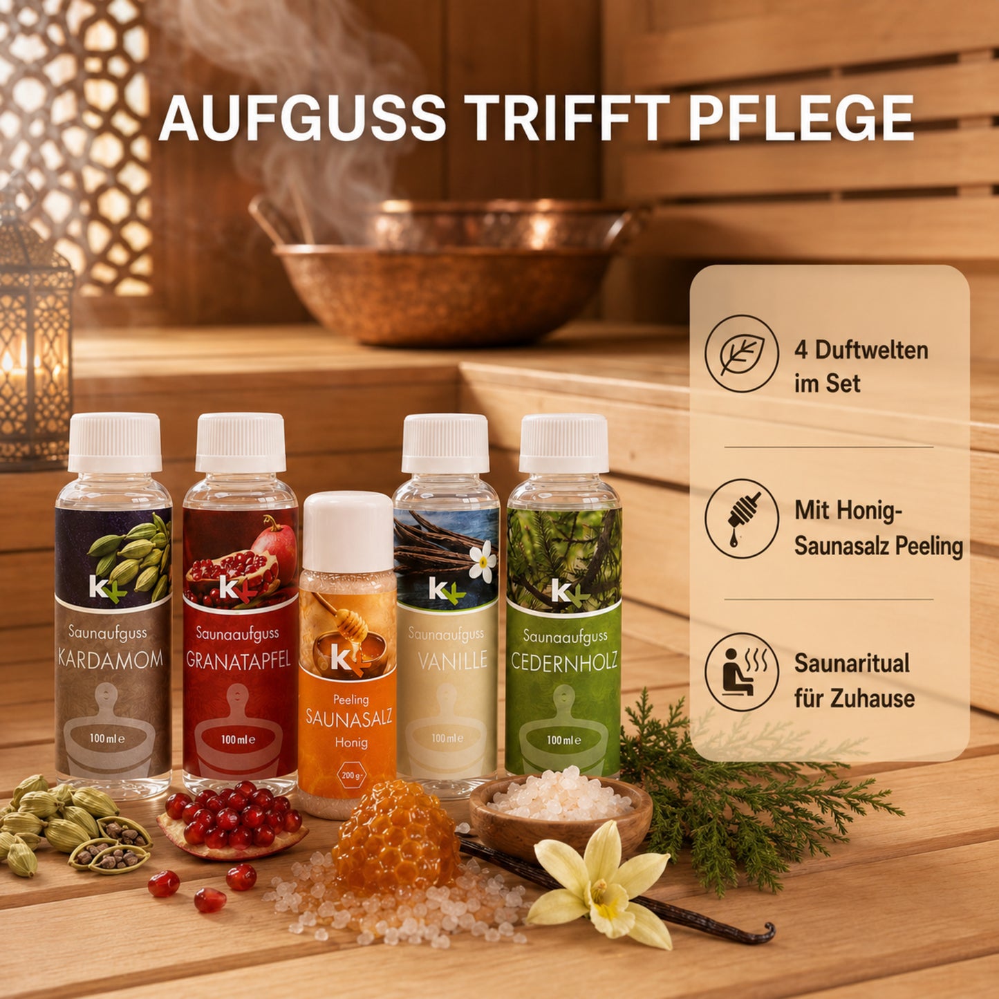 KK Saunaaufguss Set Orient | Saunakonzentrat | 4 x 100 ml/Flasche + 200g Sauna Salz |