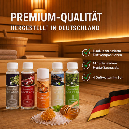 KK Saunaaufguss Set Orient | Saunakonzentrat | 4 x 100 ml/Flasche + 200g Sauna Salz |