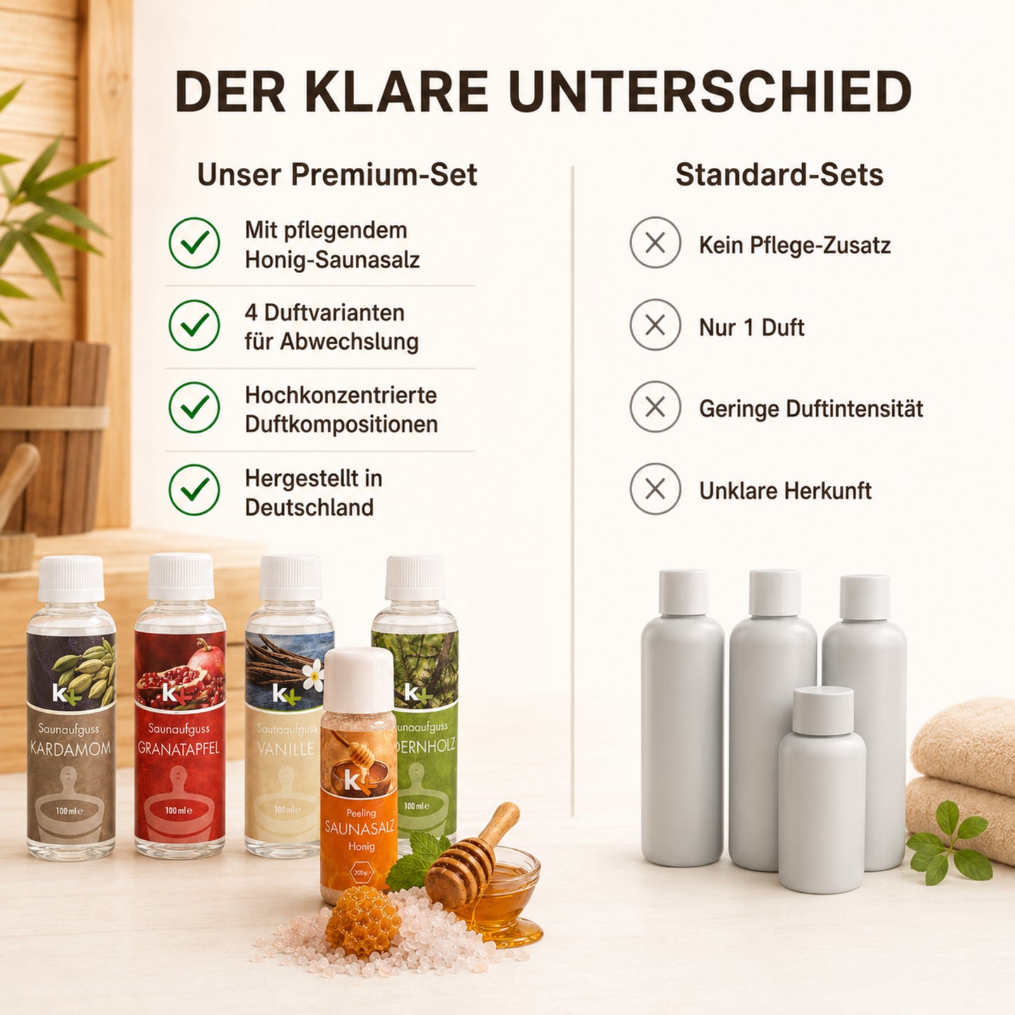 KK Saunaaufguss Set Orient | Saunakonzentrat | 4 x 100 ml/Flasche + 200g Sauna Salz |