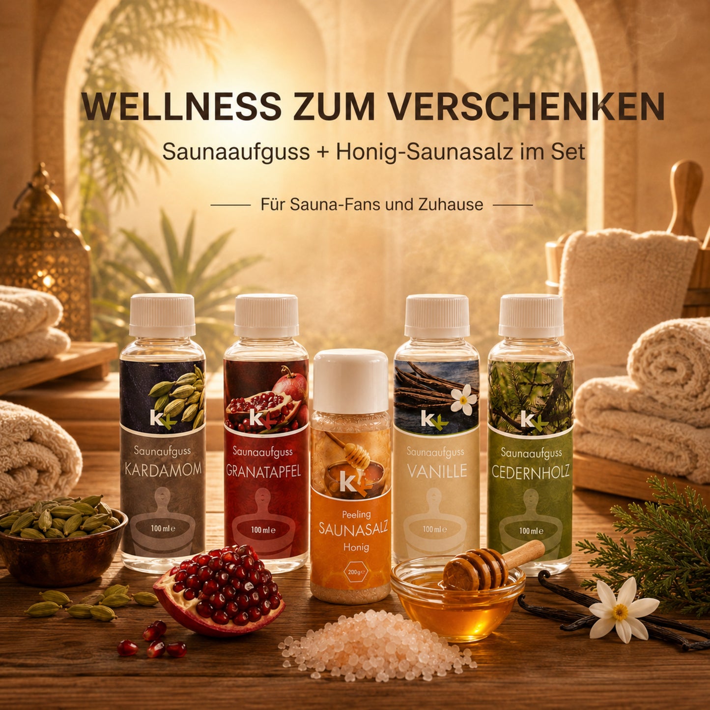 KK Saunaaufguss Set Orient | Saunakonzentrat | 4 x 100 ml/Flasche + 200g Sauna Salz |