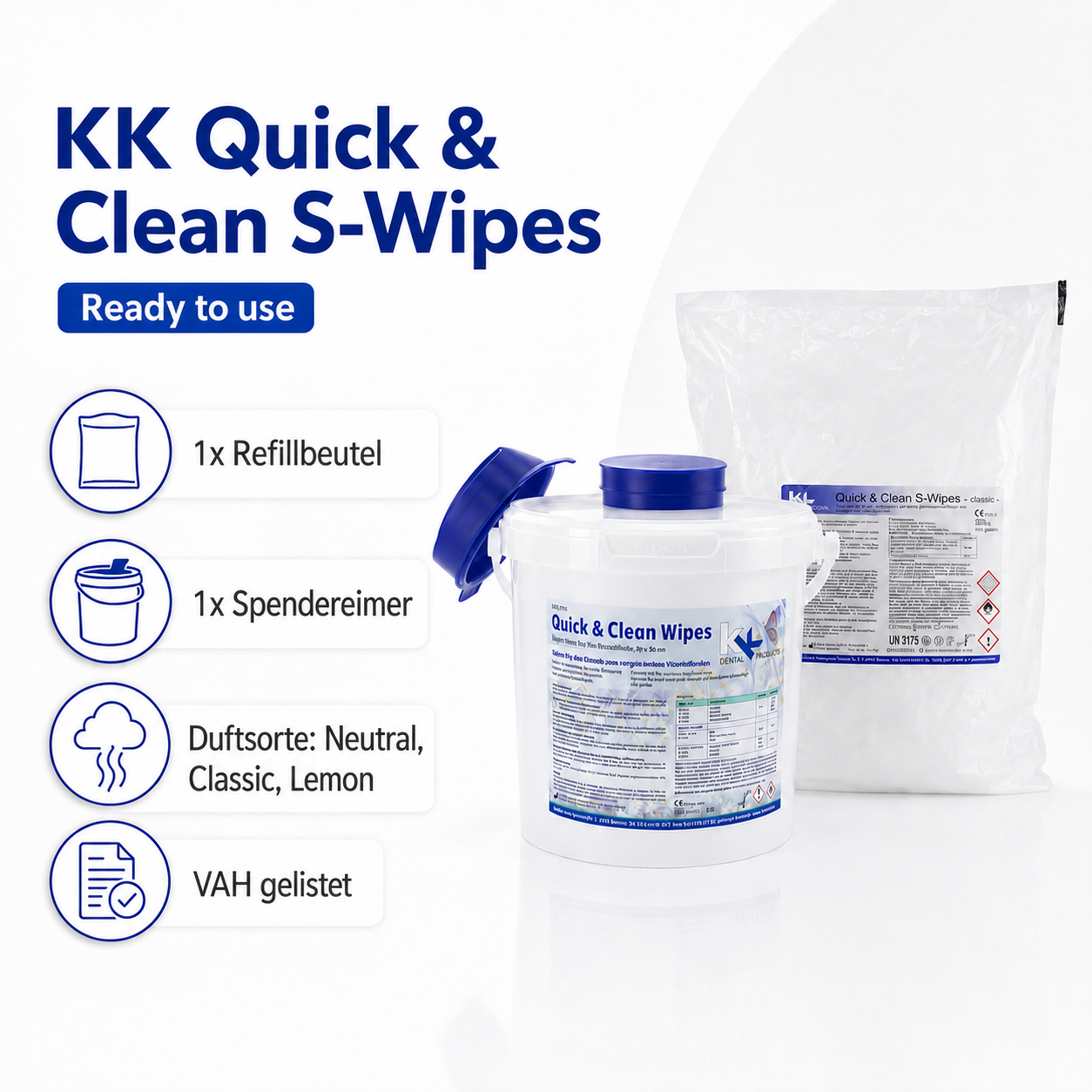 KK Quick & Clean alkoholische S-Wipes ready to use Refillbeutel + Spendereimer