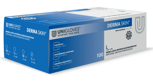 Unigloves Latexhandschuhe DERMA SKIN  vers. Größen XS-L 100 Stück/Box
